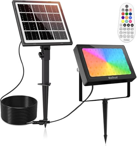 MEIHUA 30W RGB Strahler mit Fernbedienung LED Solar Strahler Bunt IP66 Wasserdicht Solarlampen 10 Farben 30 Modi 6 Helligkeit Timer RGB Solarleuchte für Party Garten Bäume Pfad Lichteffekte