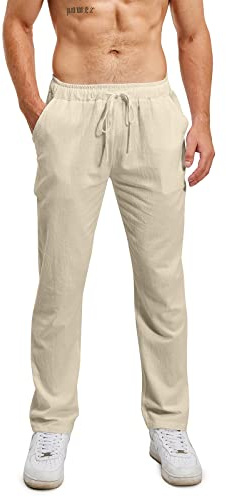 Lanckeli Herren Leinen Sommer Strand Yoga-Hose mit Kordelzug, Lässige, Lockere und Leichte Lange Hose.