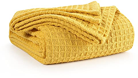 EHC Luxuriously Soft Chunky Waffle Cotton Throws Extra Large Sofa Bed, Sofa, Couch Blanket Bedspread, King size, 225 x 250 cm - Yellow