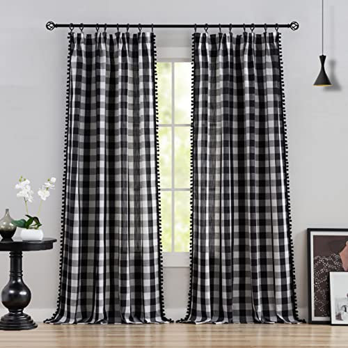 Treatmentex Schwarz Weiß Buffalo Kariert Gardinen mit Kräuselband Vorhang Halbtransparente 135CM Breite Gardinen Landhausstil für Bauernhaus,Schlafzimmer,Wohnzimmer-2 Stück(Schwarz Weiß,135x225cm)