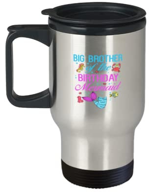 Taza de café de viaje divertida con el hermano mayor de la sirena de cumpleaños