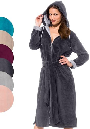 Morgenstern Bademantel Damen Reißverschluss Kapuze Grau M