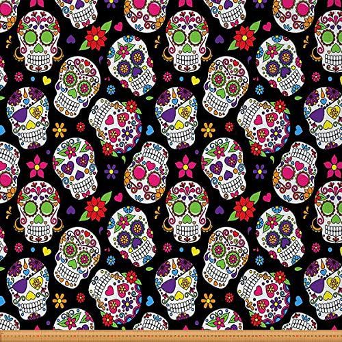 Zuckerschädel Stoff Meterware, Schickes Blumen Dekostoff Boho Totenkopf Drinnen Draußen Stoff Halloween Gothic Skeleton Blossom Blütenblatt Polsterstoff, Diy, 920 x 150 (HxB), Schwarz