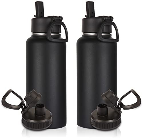 Volhoply 1l Gourde Inox avec Paille 2 Paquets, 1 litre Bouteille Isotherme Double Paroi avec Deux Couvercles Sans BPA, Bottle Réutilisable en Métal Étanche pour Café, Sport, Adulte(Noir,2 Set)