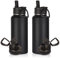 Volhoply 1 L Insulated Water Bottles Bulk 2 Pack with Straw Lid & Spout Lid,Stainless Steel Sports Water Bottle,Double Wall Vacuum Tumbler,Leakproof Wide Mouth Metal Flask for Hiking,Camping(Black,2)