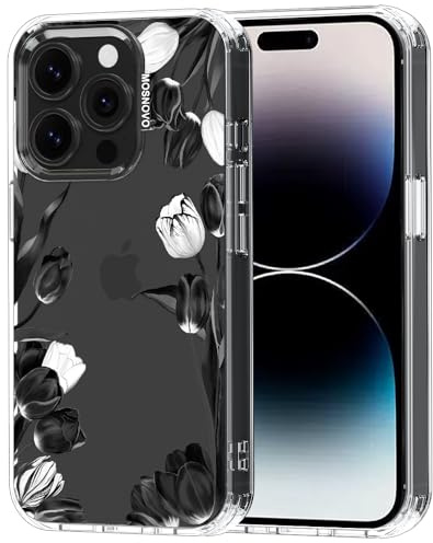 MOSNOVO Case for iPhone 14 Pro, [Buffertech 6.6ft Military-Grade Drop Protection] [Anti Peel Off Tech] Clear TPU Bumper Phone Case Cover Design - Black White Tulips