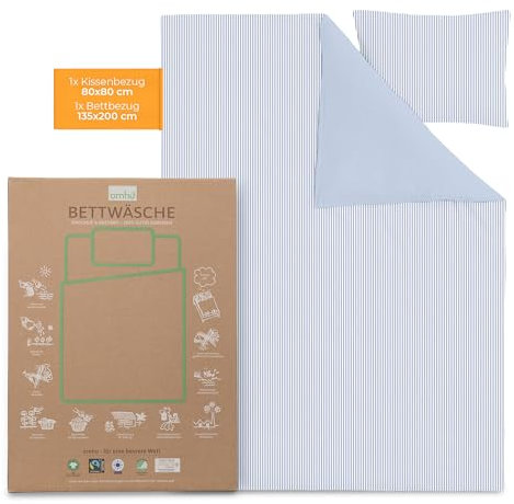 OMHU Renforce Bettwäsche 135x200 Baumwolle | Bettwäsche Hellblau | GOTS zertifizierte Bettwäsche | Bettwäsche-Set mit 1x Bettbezug 135x200 + 1x Kissenbezug 80x80