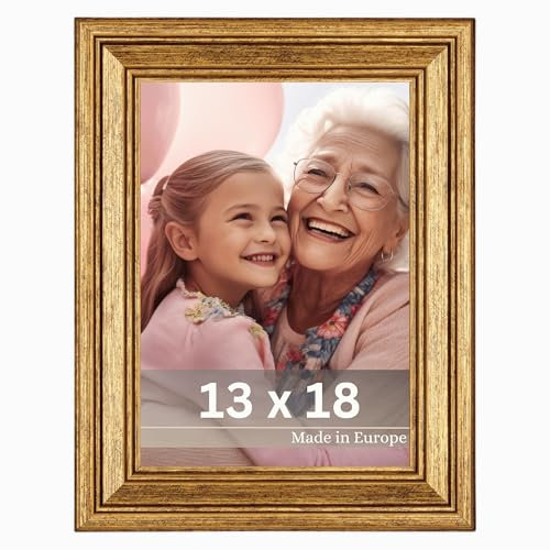 VictoR Bilderrahmen Goya in Gold in 13x18 cm - Leiste: 31x19mm - Fotorahmen im Vintage Stil mit bruchsicherem Acrylglas - Bilderrahmen 13x18 Gold