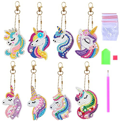 CLDURHGE 8 Stück DIY 5D Diamond Art Painting Schlüsselanhänger DIY Diamond Painting Einhorn Rhinestone Pasted Diamant Malerei Schlüsselbund Stickerei Kunst Handwerk Anhänge