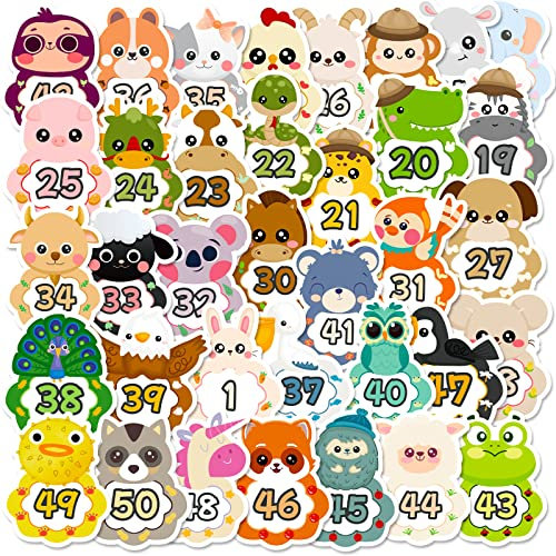 50Pcs niedliche Tier Alphabet Zahlen Aufkleber, 1-50 Zahl Anordnung Aufkleber für Kinder Student, Vinyl Waterproo Kawaii Cartoon bunte Aufkleber