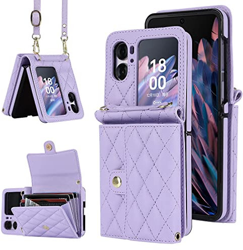 Case for OPPO Find N2 Flip Cover with Crossbody Strap Large Card Holder Bag |RFID Blocking| Wallet Pocket Case Shockproof PU Leather Women Magnetic Purse Case for OPPO Find N2 Flip 5G Lavender
