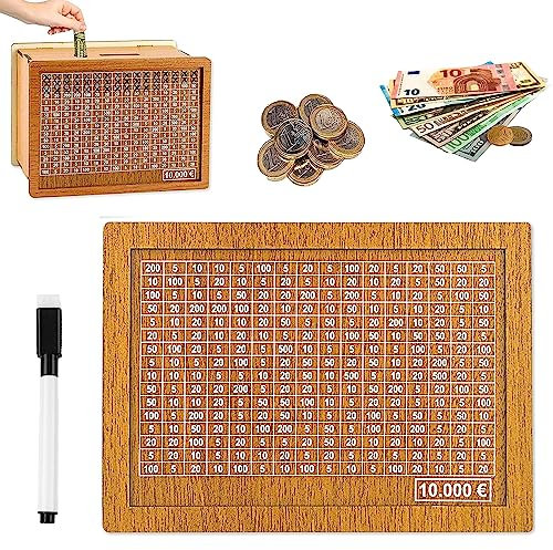 AOMAIGAD Spardose Holz, Sparschwein,Spardose mit zähler,Sparbox mit Zähler zum Ankreuzen Wiederverwendbare, Sparschwein aus Holz für Erwachsene und Kinder mit Sparziel (10000€)