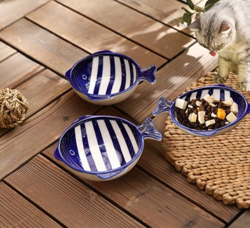 ZYUTONG Cuencos de cerámica para gatos de interior, antideslizantes, sin tóxicos, pequeños, platos poco profundos para comida y agua, juego de 3 cuencos de comida para gatitos, forma de pez, 7 onzas