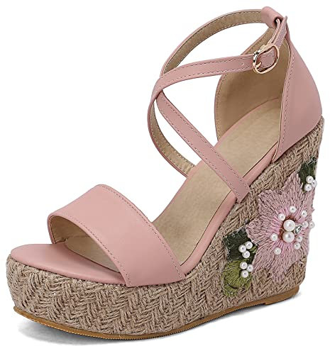 Gicoiz Espadrille Zeppas Donna Classico Plateau Embroiderosso Sandali Comodo Casuale Punta Aperta con Cinturino Alla Caviglia Alla Schiava Strappy Scarpe Rosa Numero 35 EU