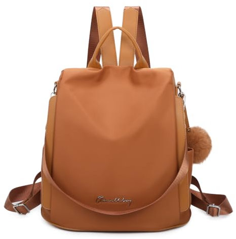 OLIVIA WONG Mochila antirrobo Impermeable para mujer (13L)| Mochila Convertible en bolso con pompom y Asa desmontable de adorno - Marron