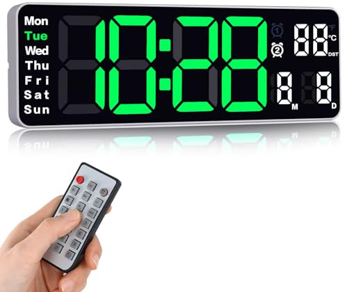 Fuloon Horloge Murale Numérique LED avec Télécommande Positif Compte à Rebours Luminosité Réglable Pendules Murales pour Salon Cuisine Bureau Gymnase (13 Pouces, Céladon)
