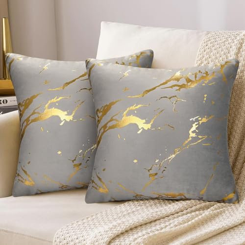 Samt Kissenbezug 40x40 Grau Gold Marmor Muster Sofakissen Dekokissen Kissenhülle 2er Set Modern Dekorative Kissenbezüge Kissenhülle Zierkissen Bezug für Sofa Schlafzimmer Wohnzimmer