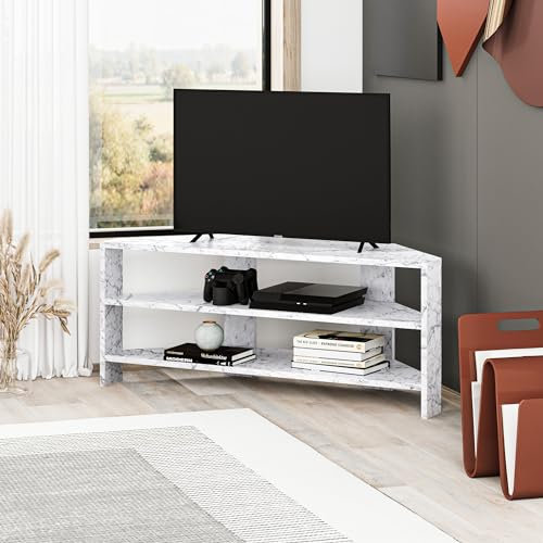 HOCUS PICUS Eck-TV-Einheit mit 2 Ablagen für Wohnzimmer, Büro, modernes Design, TV-Ständer 32-Zoll-Fernseher, mehrere Farboptionen für Dekorationen (weißer Marmoreffekt)