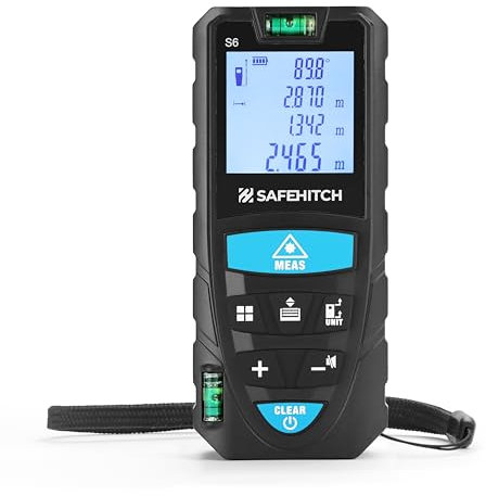 SAFEHITCH Laser Distance Meter - Portable 50m Rangefinder with Dual Bubble Levels - 4-Line LCD - Clear Backlight - M,ft, in - Pythagoras + Trig (Laser Measure 50M)