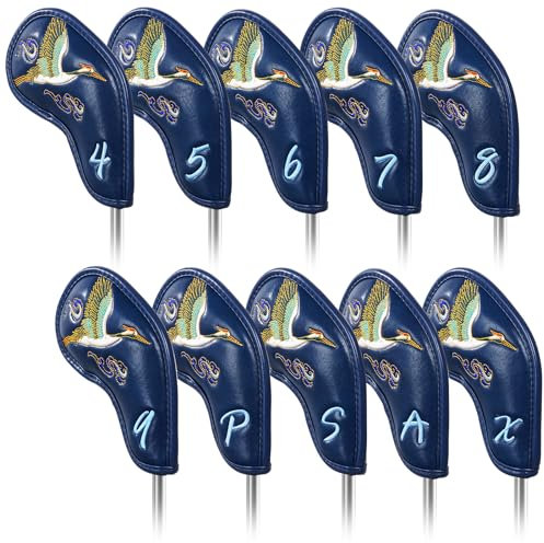 Golf Iron Club Head Covers Magnetic Right Hand Big Numbers 10pcs 4-9,P,A,S,X Blue PU Leather Crane Embroidery