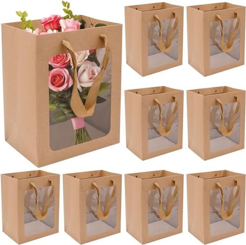 10 Pieces Brown Kraft Paper Gift Bags with Window, Paper Shopping Bags Packing Bags with Handle for Party Favor Storage, Flower Stroage, Food Storage and More (30×20×16cm)