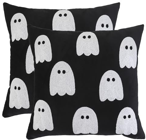 Tosleo 2 Stück Halloween Kissenbezüge Gestickter Geist Dekoration Kissenbezug aus Samt 40 x 40cm Lendenkissen Schwarz für Party Halloween Indoor Outdoor Decor Couch Überwurf Kissen Fälle Sofa