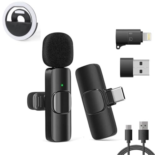 Micrófono Inalámbrico de Solapa para movil iPhone iPad Android Ordenador portatil, Mini Microfono, Portátil Micrófono para Grabación de Video. Regalo aro de luz para movil y portatil