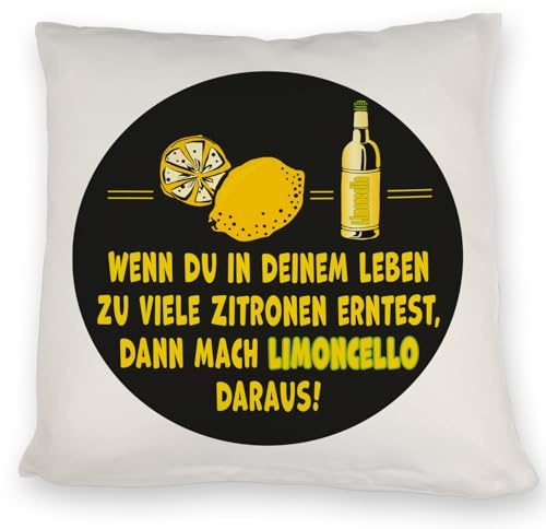 speecheese Kissen mit Spruch Mach aus Zitronen Limoncello schwarz gelb geistreiches Kissen Zitrone ernten selbst wenn das Leben sauer ist - originell und schwarz
