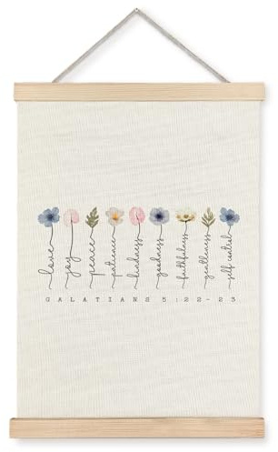 Supwhd Wandkunst Fruit of the Spirit mit hölzernem Posteraufhänger, Boho-Blumenmuster, christliche Bibelversen, Poster, Wandkunst, christliche Wanddekoration, Heimdekoration, Raumdekoration, 30,5 x