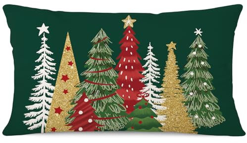 Ohok Dekorativ Weihnachten Kissenbezug 30x50 cm, Polyester Leinen Zierkissenbezüge Merry Christmas Kissenbezüge Dekor Kissenhülle Set für Schlafzimmer Wohnzimmer Sofa (Weihnachtsbaum Bunt)