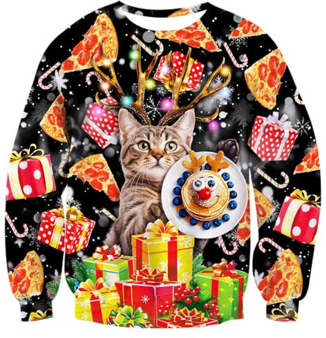 ALISISTER 3D Hässliche Weihnachtspullover Pizza Katze Print Ugly Christmas Sweater Langarm Party Xmas Pullover Jumper Sweatshirt für Familienpaare S