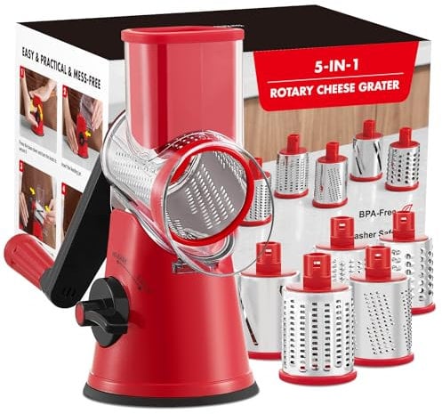 GDL Käsereibe mit Kurbel, Aktualisiert Reibe für Gemüse mit 5 Trommelblättern, Trommelreibe Gemüseschneider Einfach und Schnell, Gemüsehobel Ice Crusher für Käse, Eis, Nuss, Gurke, Karotte, Rot