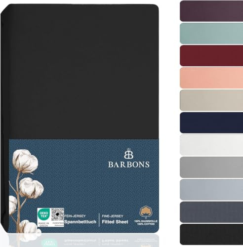 BARBONS Spannbettlaken 180x200cm - 100% Baumwolle Spannbetttuch Schwarz | Oeko-TEX Zertifiziert - Bettbezug - Bettlaken - Jersey - für Boxspringbett und Dicke Matratzen bis 27 cm