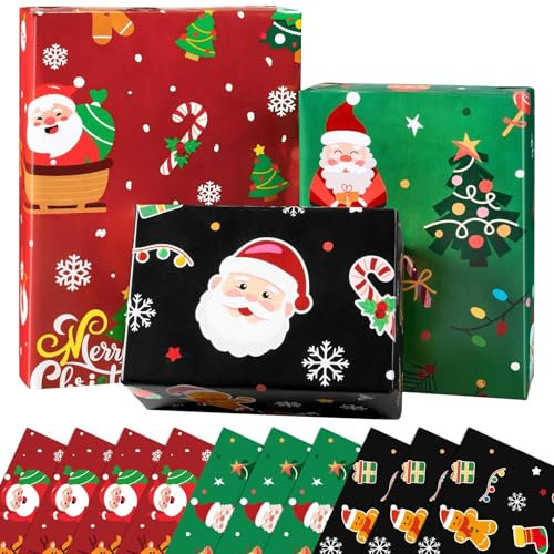 WERNNSAI Weihnachtsgeschenkpapier Set mit Weihnachtsmann – 10 Blatt 51 cm x 68 cm Lustiges Weihnachtsgeschenkpapier für Kinder zur Weihnachtsfeierdekoration Weihnachtsmann Weihnachtsbaum
