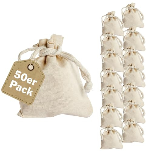 SPRINTIS Baumwollsäckchen 8 x 10 cm (50 Stück), naturfarbene Stoffsäckchen mit Kordelzug, 100% Baumwolle, Geschenkbeutel für Adventskalender und Schmuck
