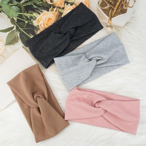 Stirnband Elastisch für -4 Stück EinheitsgrößE für Damen und Mädchen,Haarbänder Gestrickt Elastische Fleece,Stirnband Dünn,Haarband Knoten,Warmes Haarbänder Breit