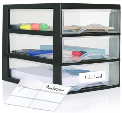 Hausfelder Schubladenbox A4, 3 Schubladen, Schwarz Transparent