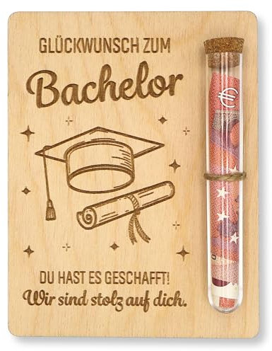 ZUKLA Verpackung für Geldgeschenke Bachelor Geschenk 2025-13 x 10 cm - mit Reagenzglas - Geldgeschenk Verpackung aus Holz - Geschenke für Bachelor Abschluss - Sponsion Geschenk