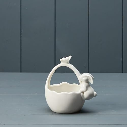 Ceramic White Posey Basket Rabbit Statue 12cm Pot Glossy with Handle Fruit Bowl Shelf Sitter Tabletop Home Decorative Gift