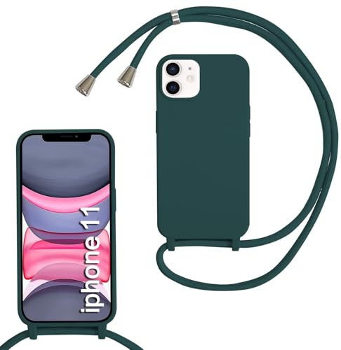 MBSLFY Silikon Handykette für iPhone 11 Hülle mit Band,Silikon Necklace Handyhülle mit Abnehmbar Kordel zum Umhängen Stossfest Bumper Handy Schutzhülle für iPhone 11, Dunkel grün