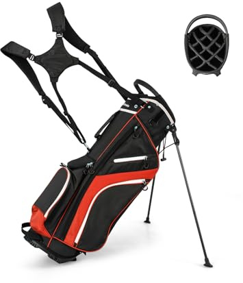 COSTWAY Sac de Golf avec 14 Compartiments Séparés, Sac de Club de Golf Portable avec 6 Poches Zippées Comprenant Sac Isotherme Capuche Anti-Pluie Double Sangle, Sac Léger (Rouge)