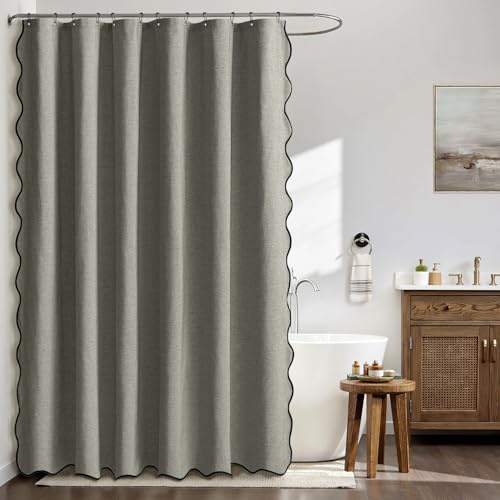 MIULEE Rideau Douche en Lin Texturé Ondulé Gris 180x200 cm | Luxe Rideau de Douche Imperméable, Anti-Moisissure Tissu Lavable Rideaux de Bain Avec 12 Crochets Métalliques