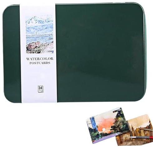 24 Blatt Aquarell-Postkarten, blanko, 10 x 15 cm, Baumwoll-Aquarellkarten in Dose, 300 g/m², zum Malen, für Grußkarten und DIY-Kunstprojekte, dunkelgrün