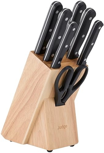 Judge Classic 7 Piece Knife Block Set – Stainless Steel Kitchen Knives with Stylish Wooden Block – Includes Paring, Utility, Carving, Bread, 2 Cook’s Knives & Scissors, Dishwasher Safe