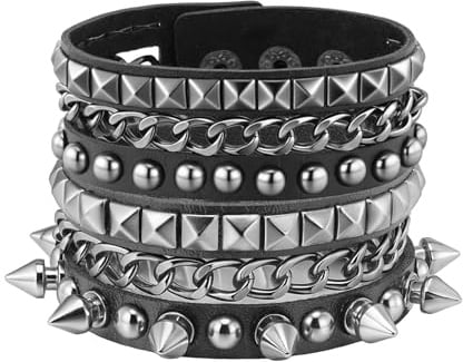 JJDreams Punk Lederarmband Schwarz Gothic Armreif mit Kette Rock Armband Set Biker Armband für Damen