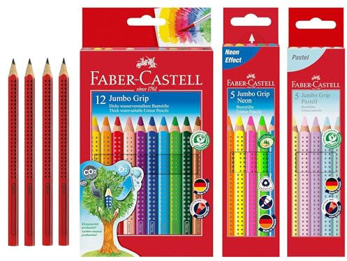Faber-Castell - Farbstift Jumbo Grip Kartonetui 12er + 5er Etui Jumbo Grip Neonfarben + 5er Etui Pastellfarben (12er mit Zubehör, MULTIPLE, Set mit 4 Bleistiften)