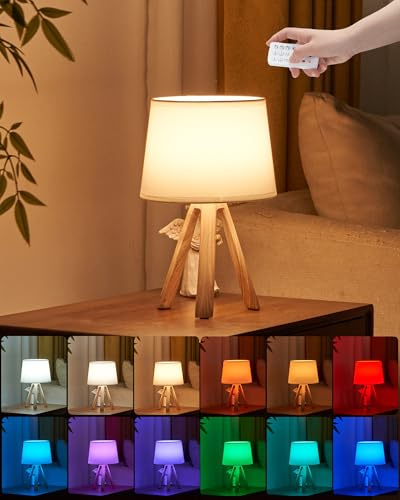 INTELIVE Kabellos Tischlampe LED Tischleuchte Kleine Akku Aufladbar Lampe | Fernbedienung Timer Dimmer RGB, Leinenschirm, Mid Century Nachttischlampe für Schlafzimmer, Wohnzimmer