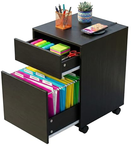 Relaxdays Rollcontainer, 2 Schubladen, Hängeregister, HxBxT: 57 x 40 x 40 cm, Schreibtischcontainer auf Rollen, schwarz