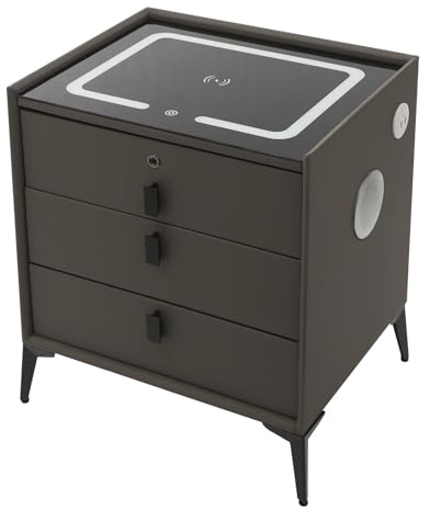 ZHINELY Smart Bedside Table 3 Drawer Nightstand with Fingerprint Lock Wireless USB Charging Bluetooth Speaker Tri Colour LED Ambient Light Storage Side Table for Bedroom Living Room Indoor Home Use
