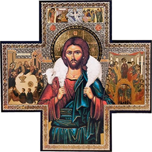 Cruz con Jesús el Buen Pastor, color dorado y plateado metálico, cuadro para colgar, 15 x 15 cm, regalo religioso